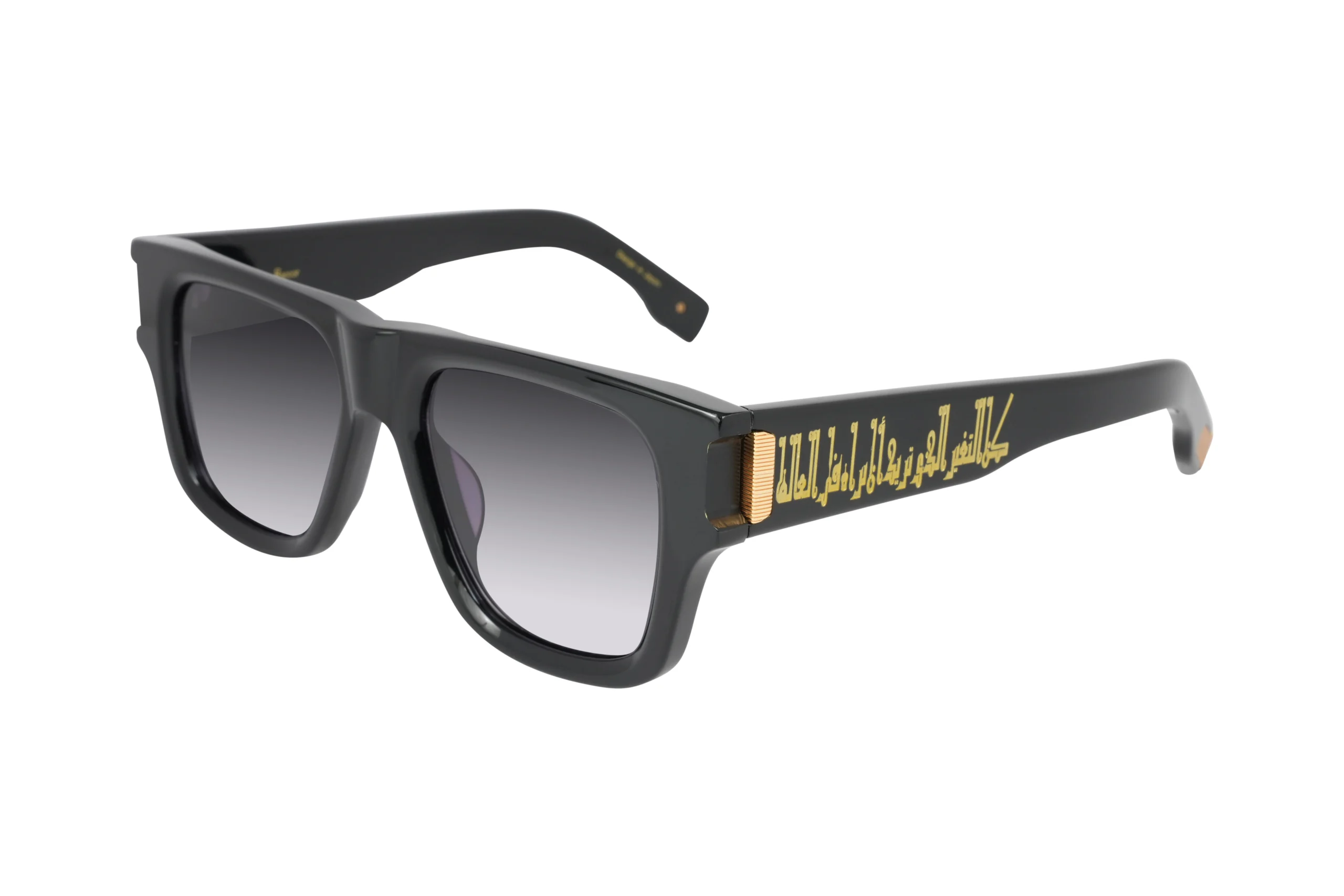 Baccor-BR7652-Model1-Main Stylish black sunglasses with gold accents also known as the Baccor Calligraphy Sunglass.