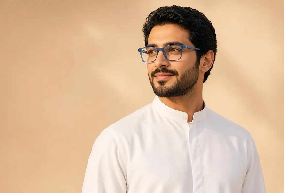 Men's eyeglasses UAE – Bazeti TJ865 blue square frame worn with kandora